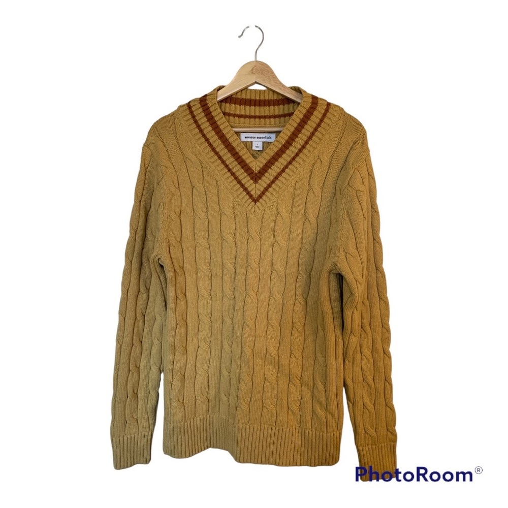 Amazon Essentials Men's V-Neck Cable Sweater - Tan - S - NWOT